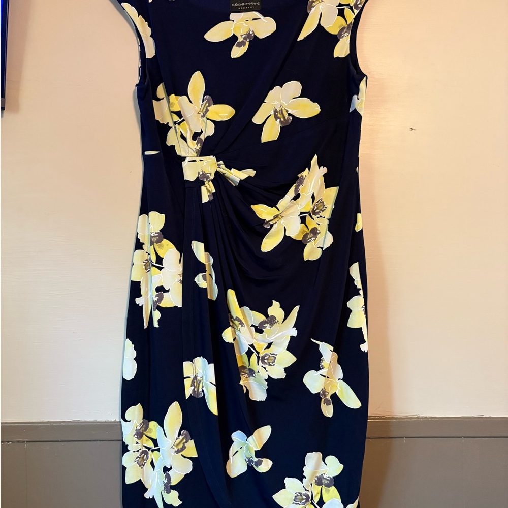 Connected Apparel Navy and Yellow Floral Midi Dress
